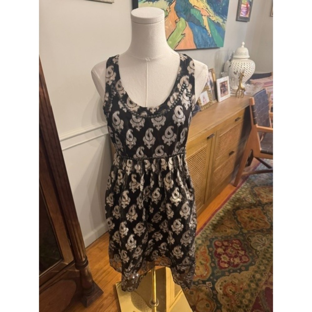 Free People Black Metallic Silver Paisley Studded Brocade Mini Dress Size 2